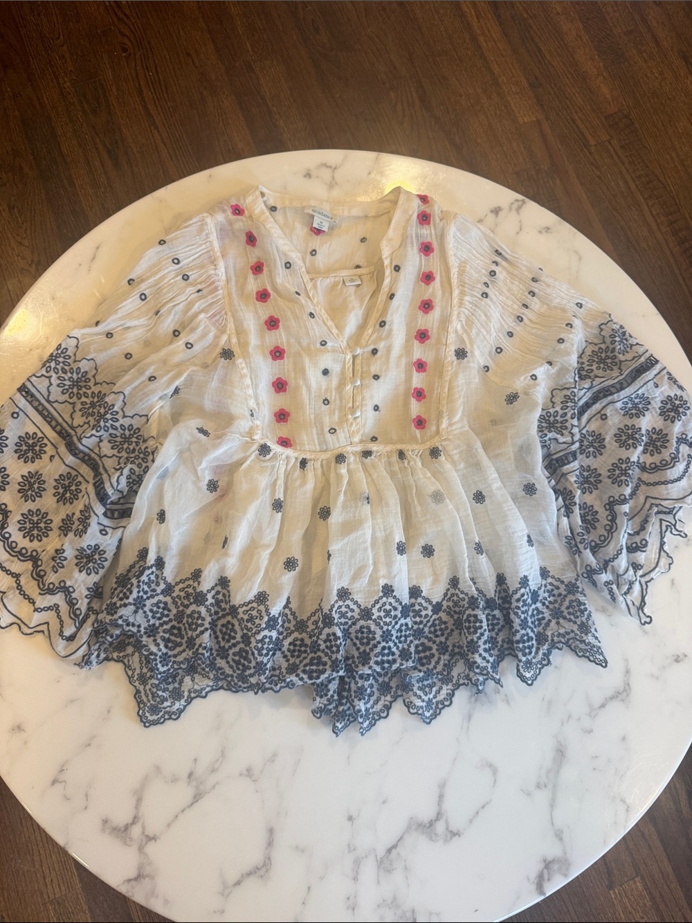 Sundance Boho Embroidered Sheer Peasant Top - White with Navy & Pink Accents